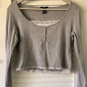 Gray Lace Trim Long Sleeve Top